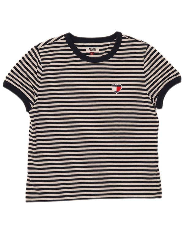 Tommy Hilfiger Womens Crop T-Shirt Top UK 10 Small Navy Blue Striped Cotton