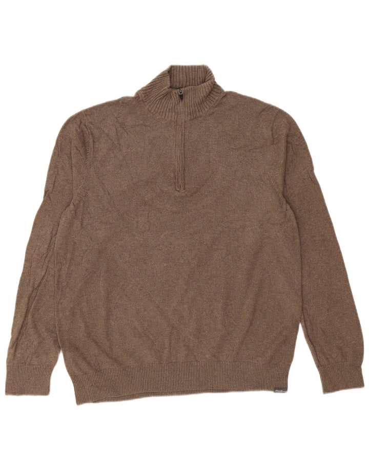 EDDIE BAUER Mens Zip Neck Jumper Sweater Large Brown Cotton