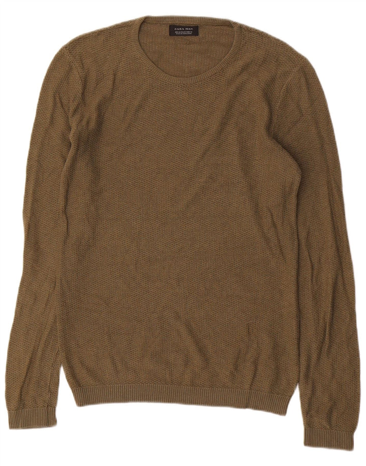 Zara Mens Crew Neck Jumper Sweater Medium Khaki Acrylic