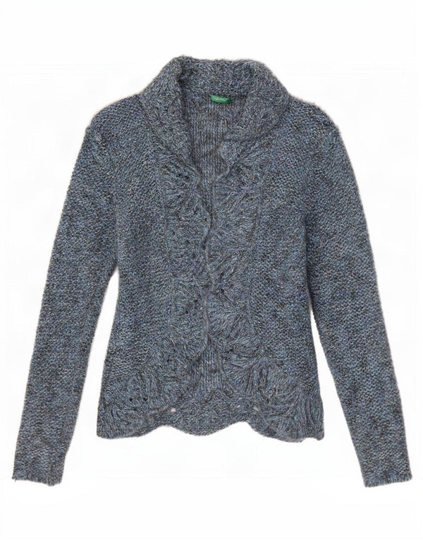 Maglione cardigan aperto da donna Benetton UK 10 piccolo acrilico screziato blu