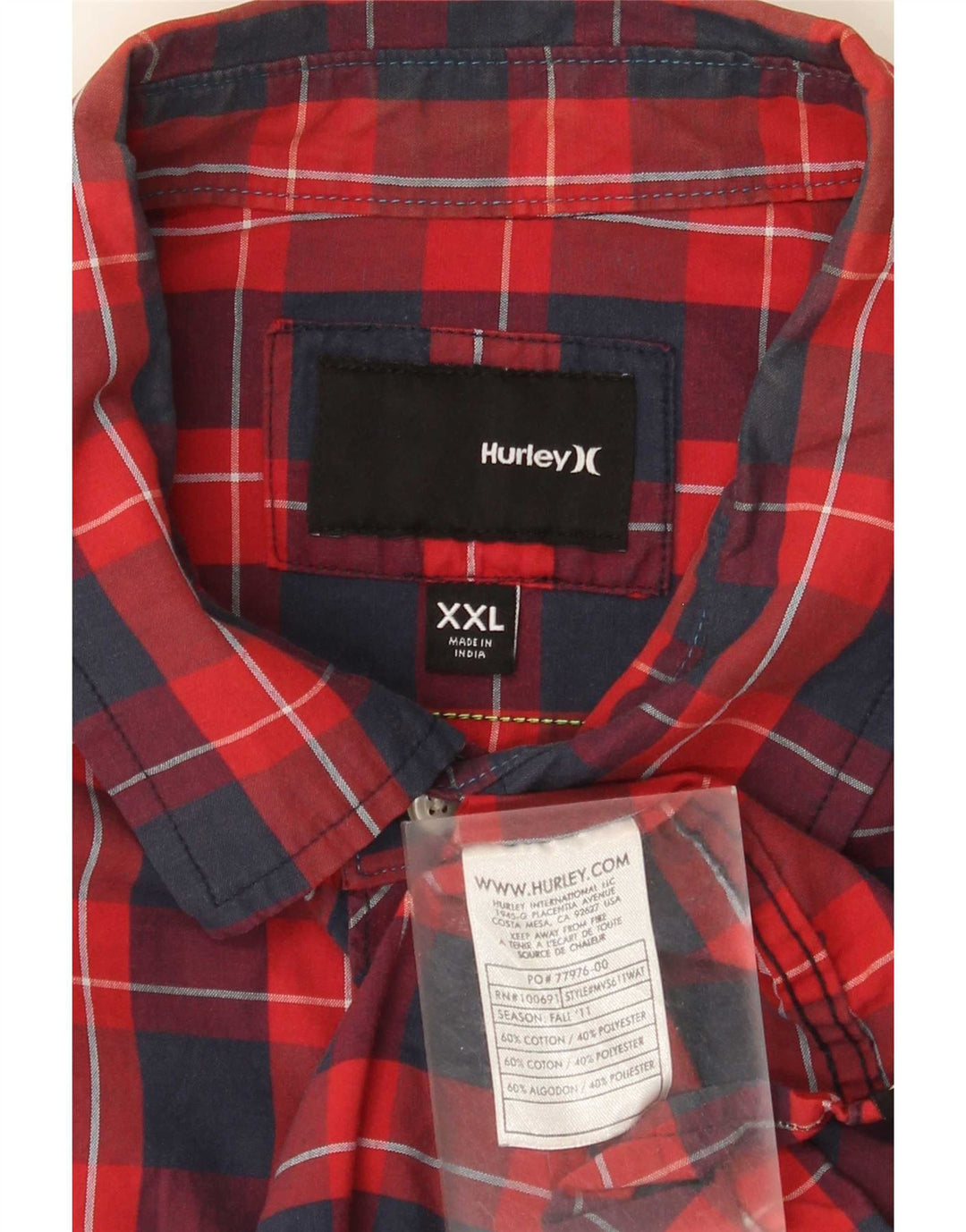 Hurley Mens Graphic Short Sleeve Shirt 2XL Red Check Cotton