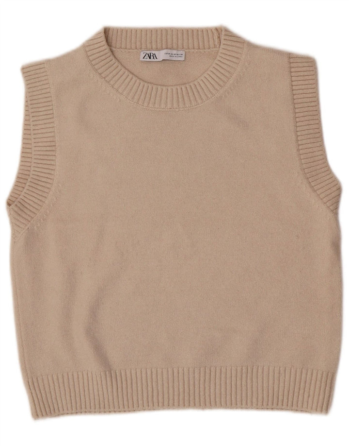 Zara Womens Crop Vest Tank Top UK 12 Medium Beige Polyester