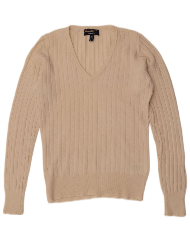 Gant Womens V-Neck Jumper Sweater UK 14 Large Off White Wool