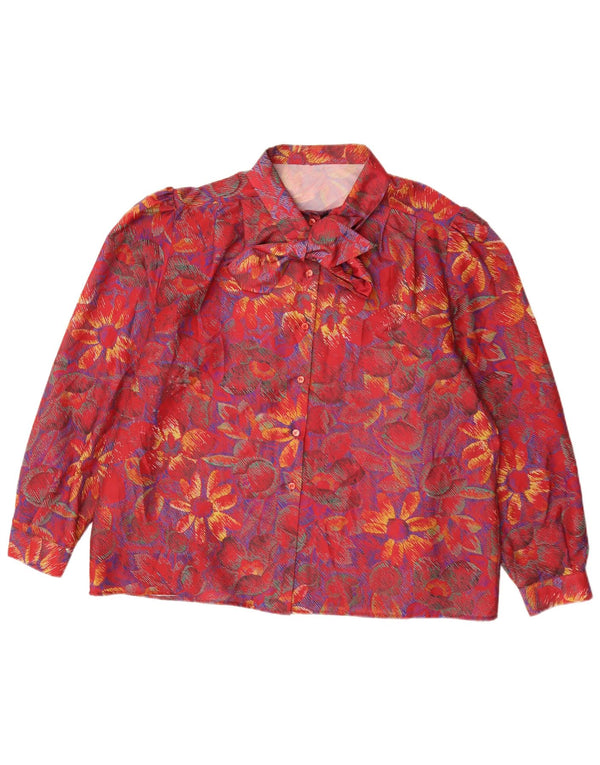 vintage Femmes Front Tie Shirt Blouse UK 20 2XL Rouge Floral