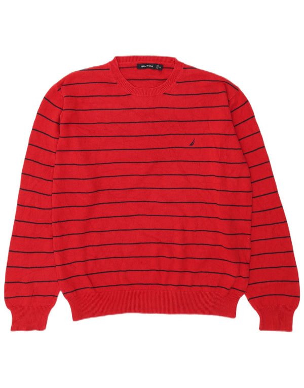 Nautica Mens Crew Neck Jumper Sweater XL Red Striped Cotton