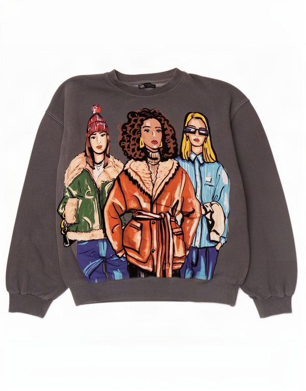 Zara Womens Grafisk Oversized Sweatshirt Jumper UK 10 Small Grey Bomuld