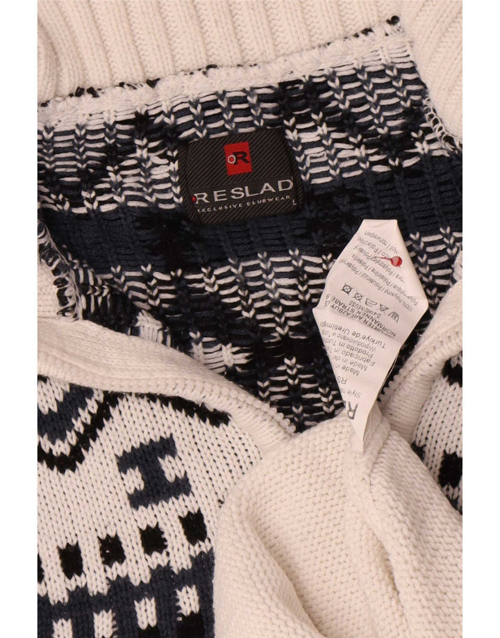 vintage Mens Zip Neck Jumper Pull Grand Blanc Géométrique Polyacrylique