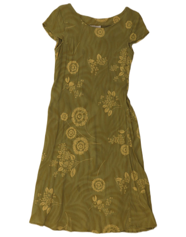 Vintage Damen A-Linie Kleid UK 14 Große Khaki Floral Viskose