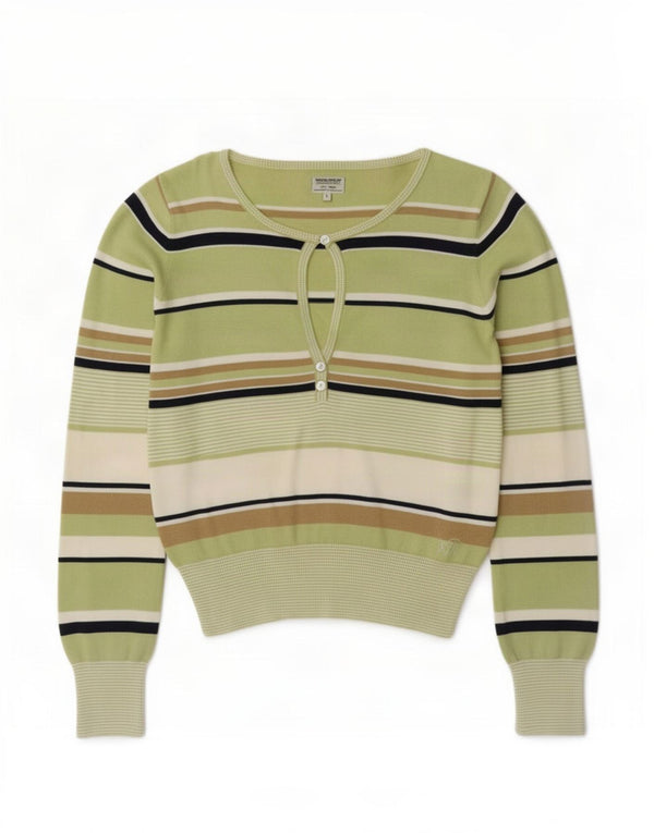 Woolrich Womens Button Neck Jumper Sweater UK 14 Large Green Striped Cotton
