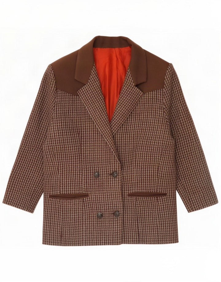 Giacca blazer doppiopetto vintage da donna UK 16 grande pied de poule marrone