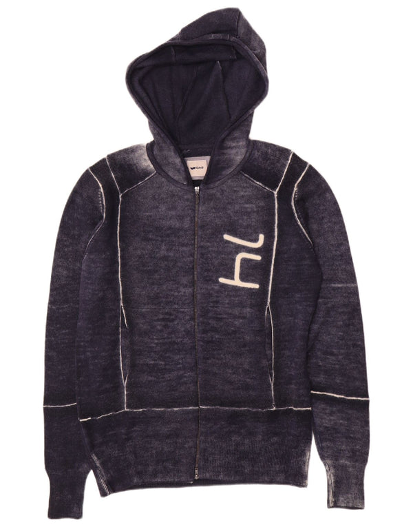 Gas Mens Graphic Hooded Cardigan Sweater Medium Navy Blue Flecked Wool