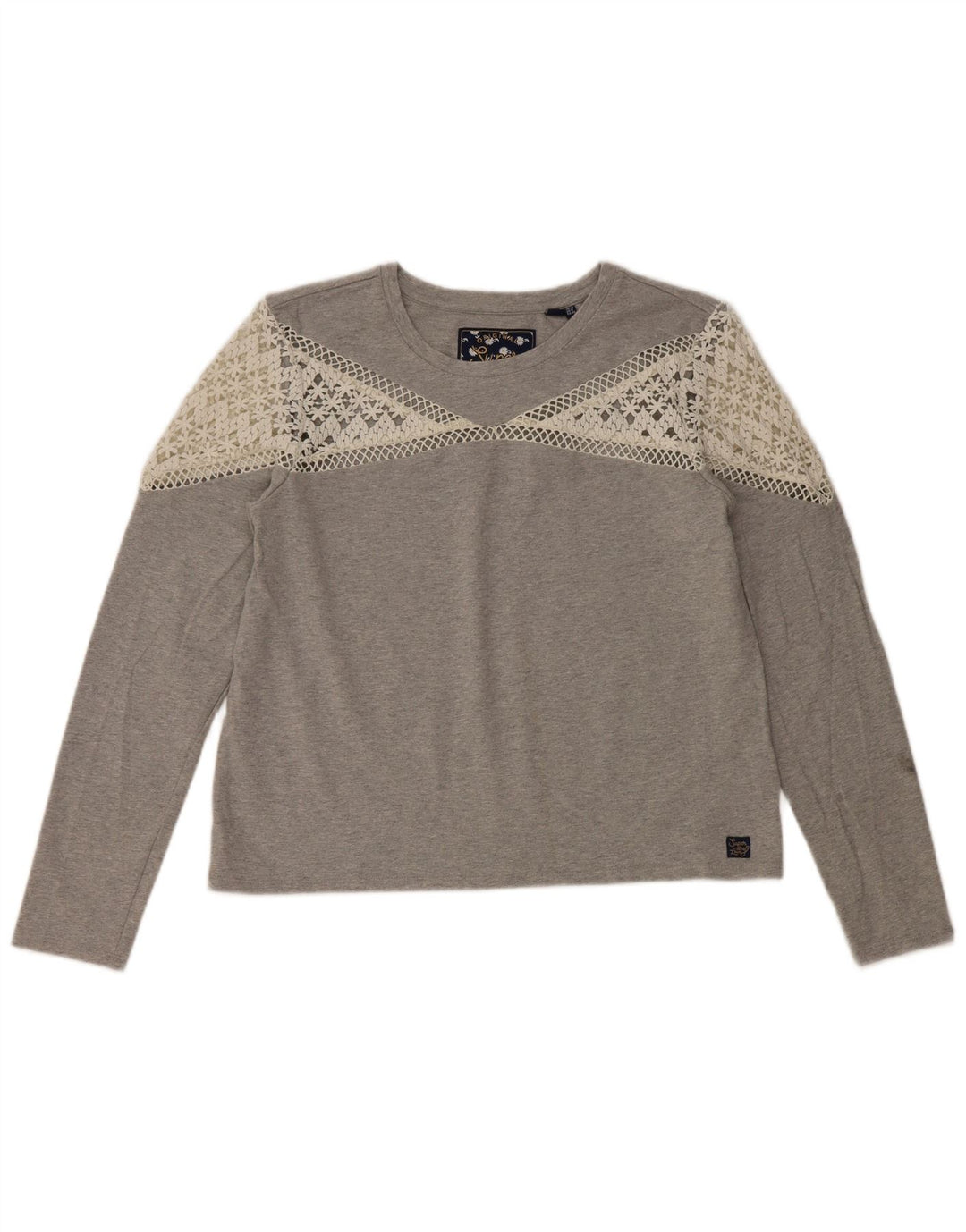 Superdry Damen Top Langarm UK 12 Mittelgraue Baumwolle