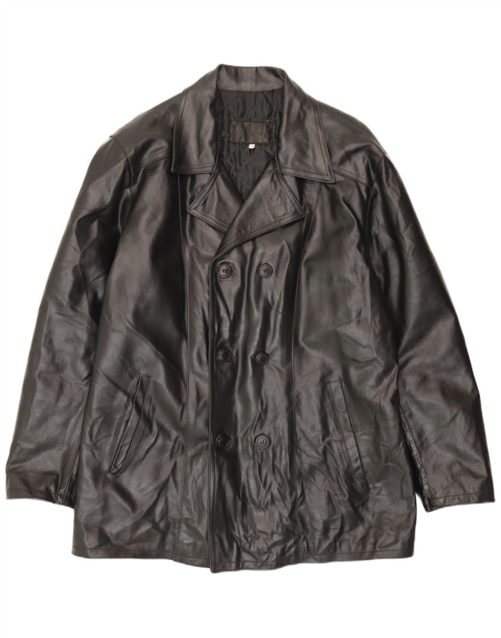 Giacca in pelle doppiopetto vintage da uomo IT 54 2XL Pelle nera