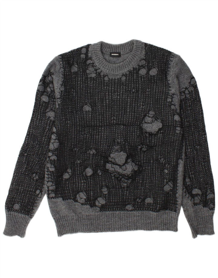 Diesel Mens Distressed Crew Neck Jumper Sweater Large Grey Acrylic