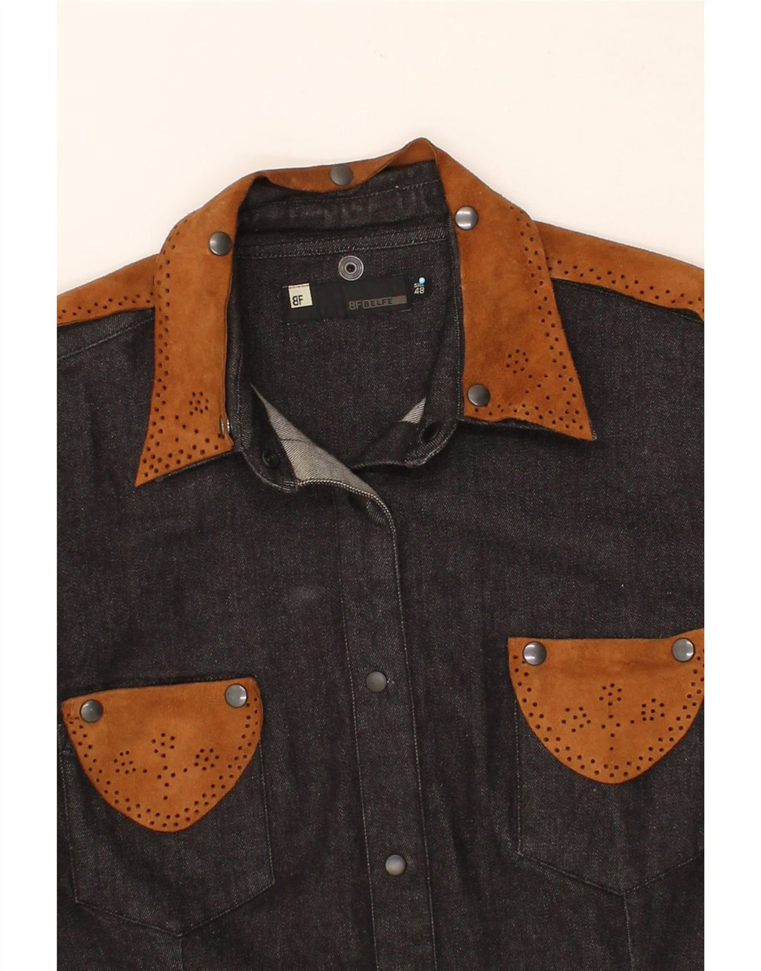 BELFE Womens Denim Shirt IT 48 XL Grey Colourblock Cotton Vintage Belfe and Second-Hand Belfe from Messina Hembry 
