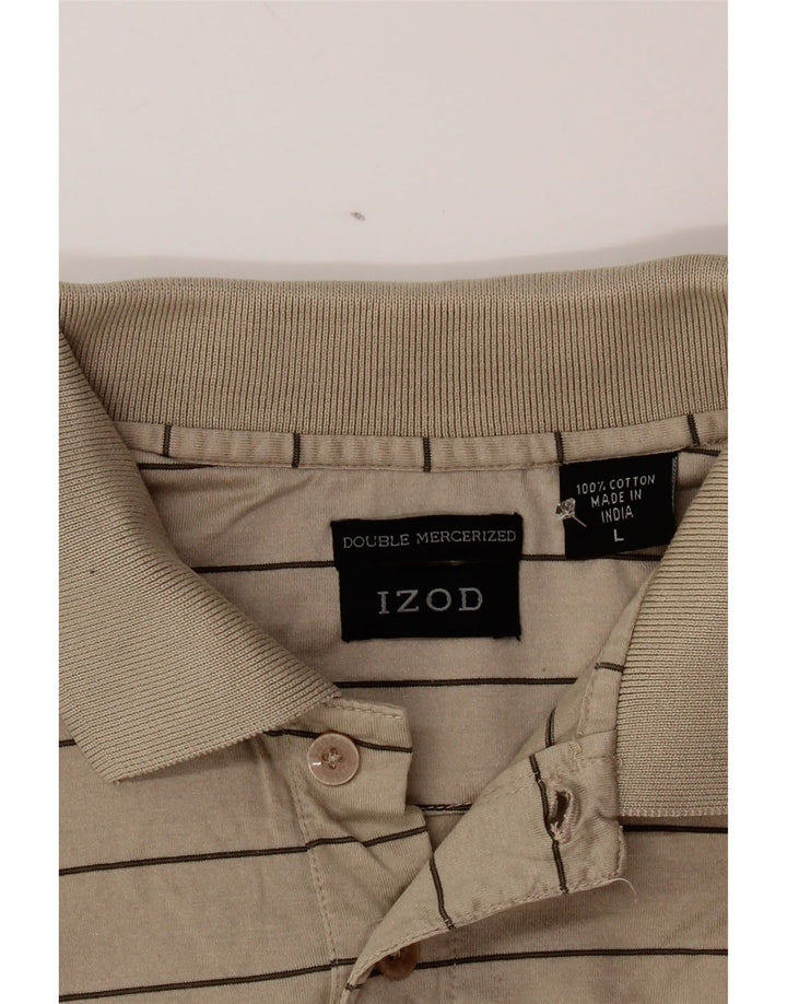 IZOD Mens Polo Shirt Large Beige Striped Cotton