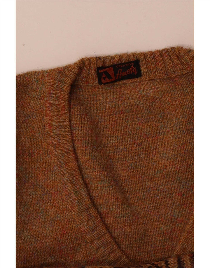 Vintage Mens V-Neck Jumper Sweater Medium Brown Fair Isle Acrylic