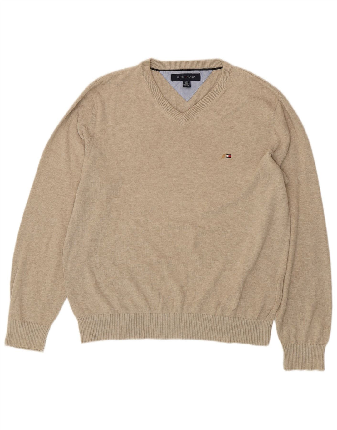 TOMMY HILFIGER Suéter masculino com decote em V grande algodão bege