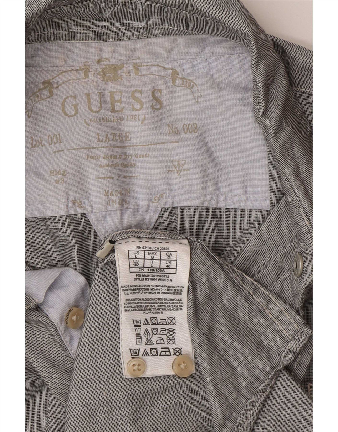 Guess Chemise coupe régulière pour homme UK 40 Grand gris à carreaux en coton