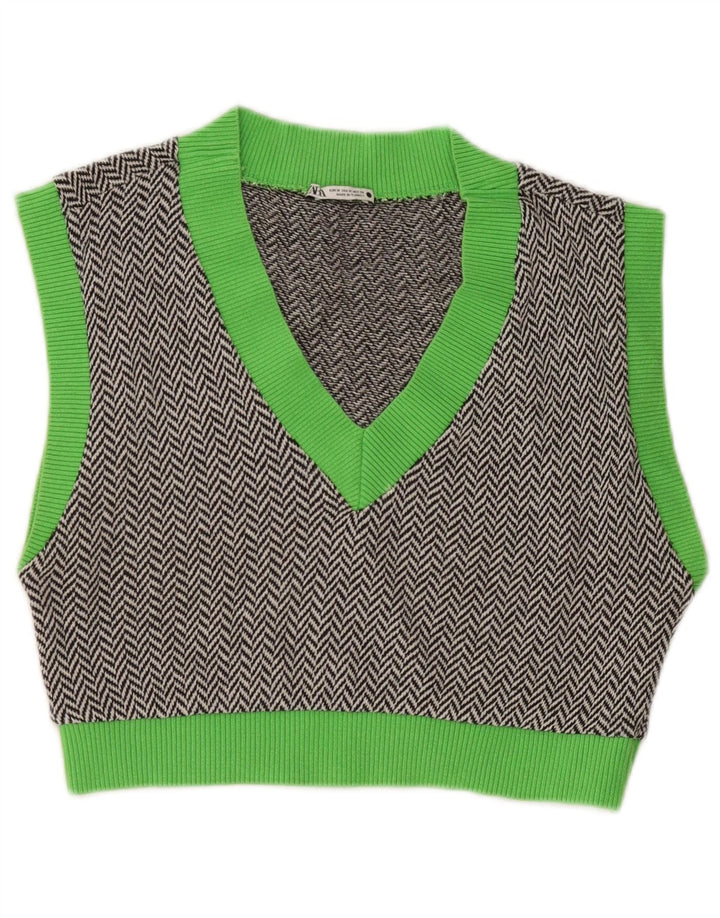 Zara Womens Sleeveless Crop Top UK 12 Medium Grey Colourblock Cotton