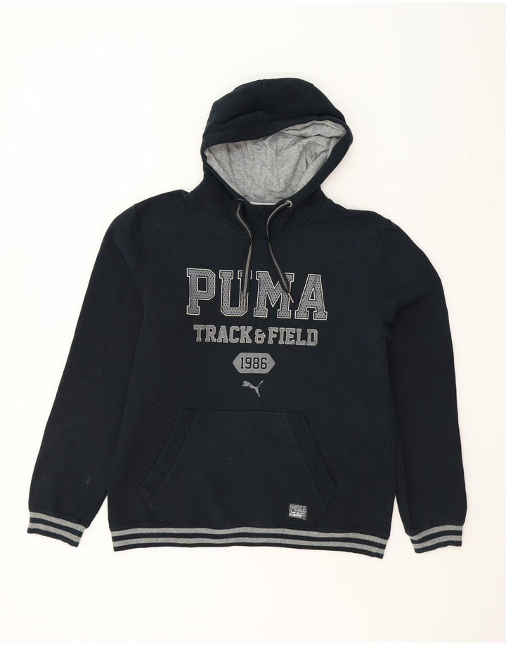 PUMA Mens Graphic Hoodie Jumper Medium Navy Blue Cotton Vintage Puma and Second-Hand Puma from Messina Hembry 