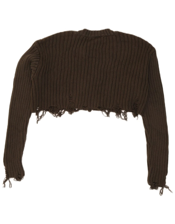 Zara Mujer Crop Distressed Crew Neck Jumper Sweater UK 10 Small Caqui