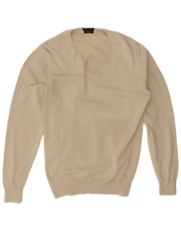 Massimo Dutti Mens V-Neck Jumper Sweater Medium Beige Cotton