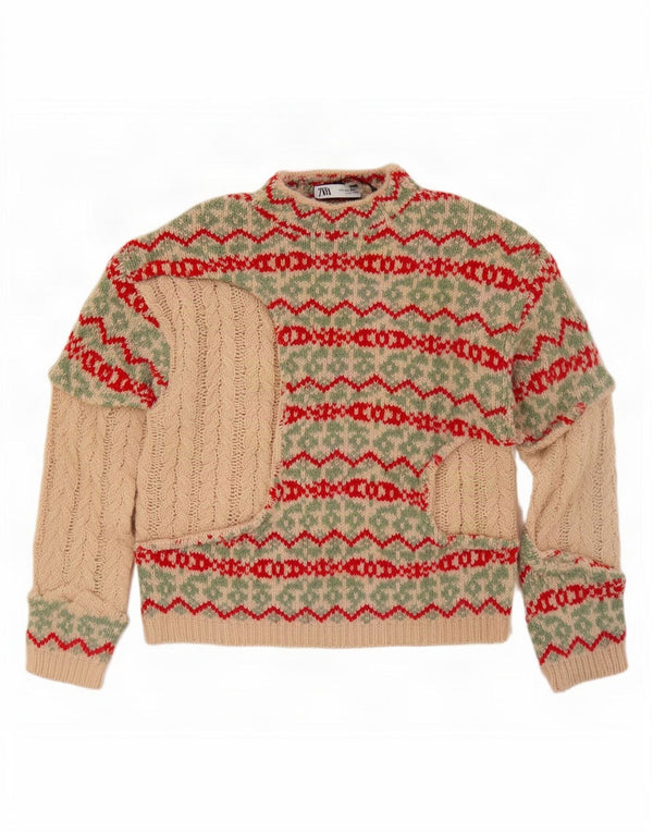Zara Mujer Cuello Alto Jersey Jersey UK 10 Small Beige Fair Isle