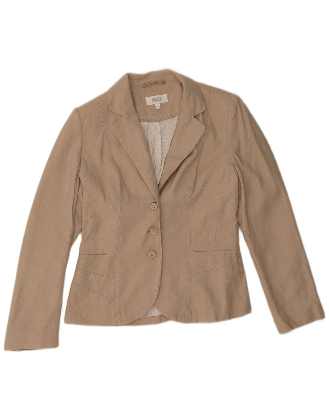 Marks & Spencer Womens 3 Button Blazer Jacket UK 8 Small Beige Polyester