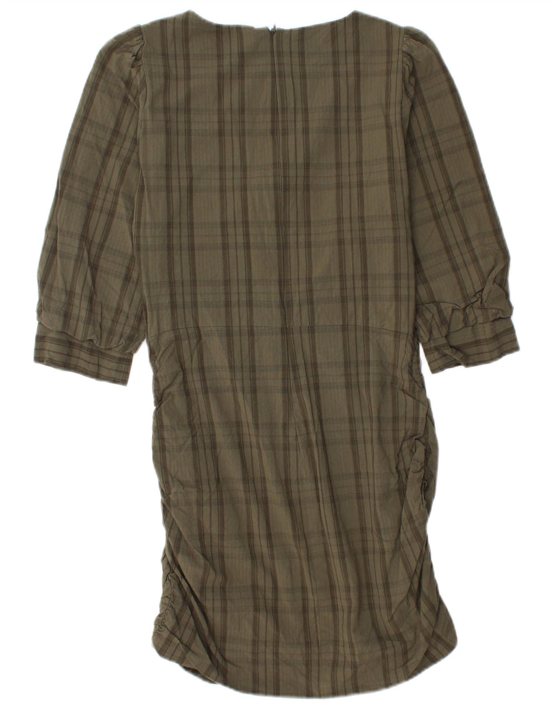 Zara Womens 3/4 Sleeve Shift Dress UK 12 Medium Khaki Check Viscose