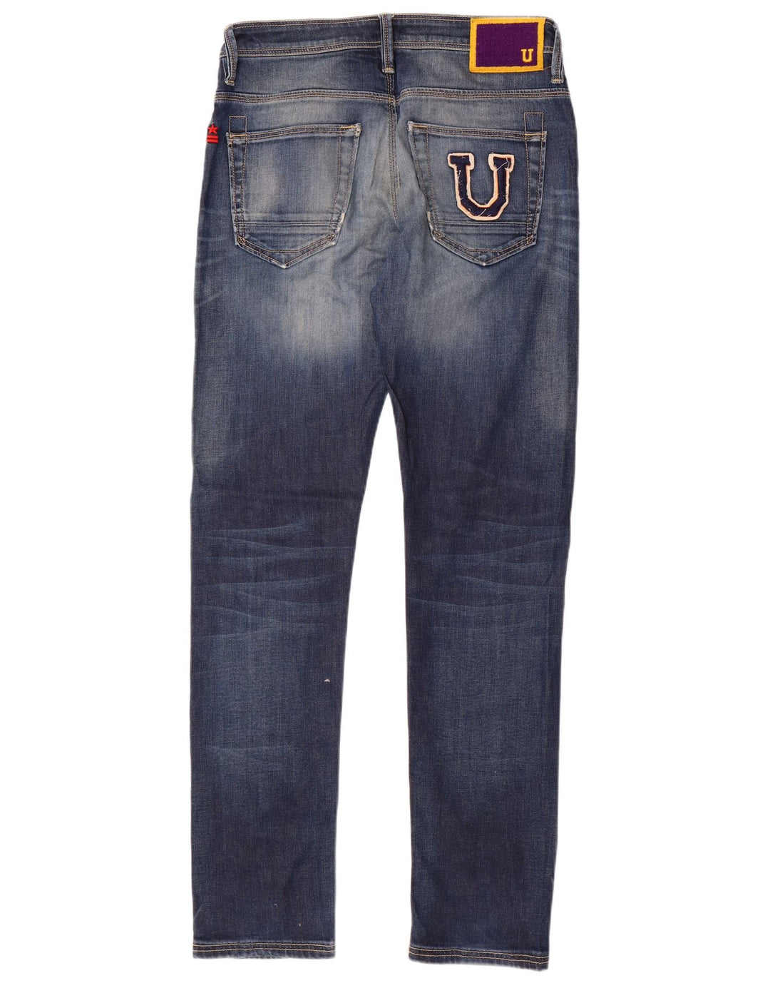 Uniform Mens Graphic Distressed Slim Jeans W32 L33 Blue Cotton