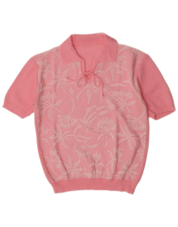 Vintage Dame Polo Neck Jumper Sweater UK 12 Medium Pink Floral Retro