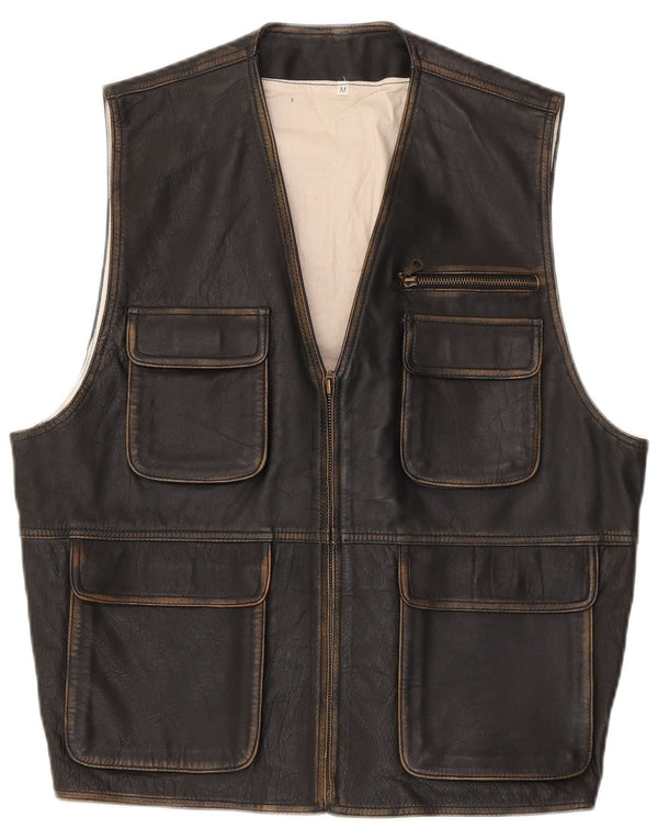 Vintage Mens Leather Utility Gilet UK 38 Medium Black