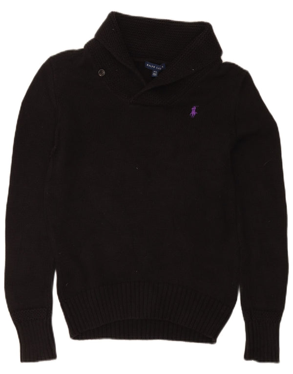 Ralph Lauren Dame Shawl Neck Jumper Sweater UK 12 Medium Sort Bomuld