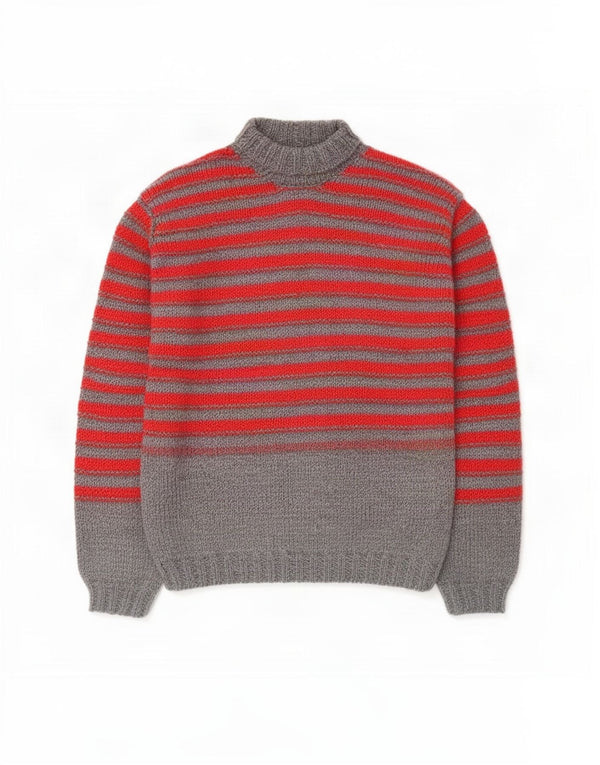 Vintage Mens Roll Neck Jumper Sweater Medium Grey Striped