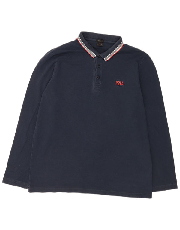 Hugo Boss Mens Long Sleeve Regular Fit Polo Shirt 2XL Navy Blue Cotton