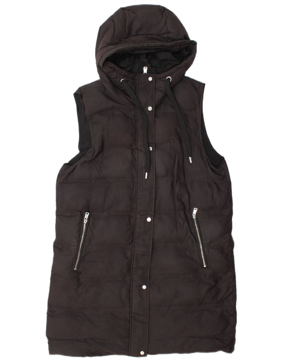 Zara Gilet rembourré à capuche long pour femme UK 14 Medium Noir Polyester