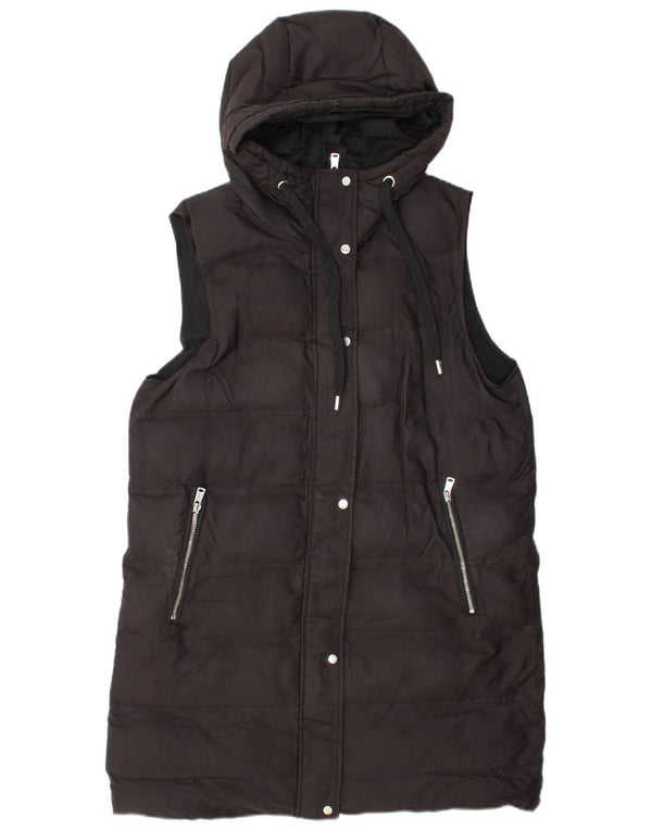 Zara Womens Longline Hooded Padded Gilet UK 14 Medium Black Polyester