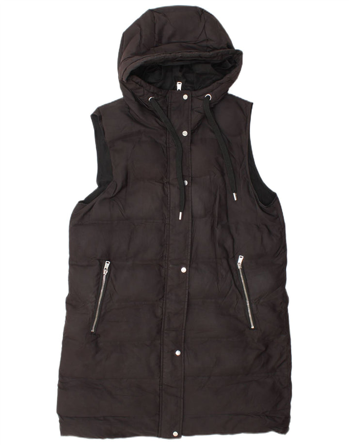 Zara Gilet rembourré à capuche long pour femme UK 14 Medium Noir Polyester