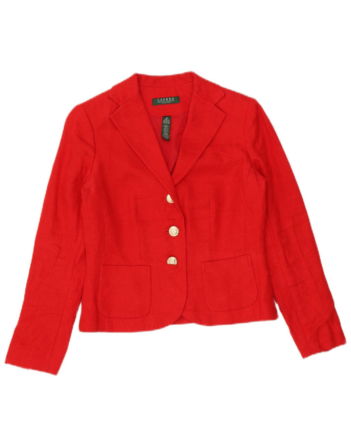 Ralph Lauren Womens Petite Crop 3 Button Blazer Jacket US 2 XS Red Linen