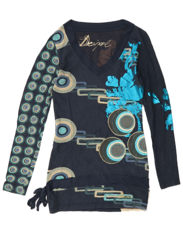 Desigual Donna Graphic Top Manica Lunga UK 6 XS Blu Navy Cotone geometrico