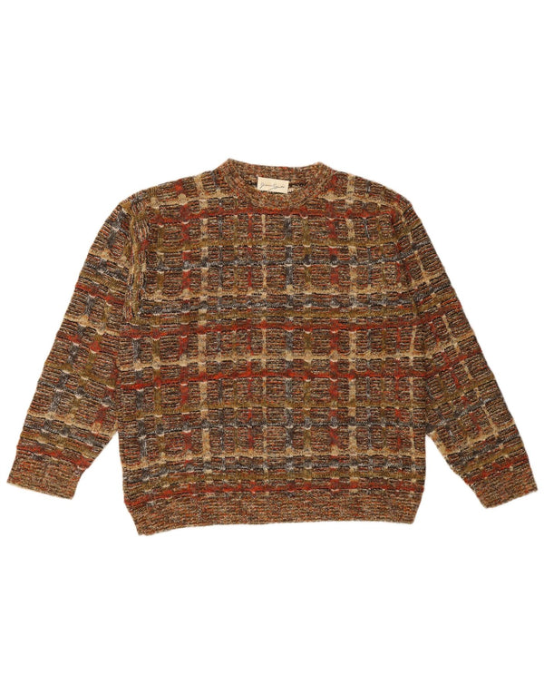 Gianni Sgarbi Mens Crew Neck Jumper Sweater IT 48 Medium Brown Check Wool