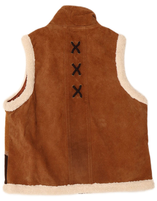 Gilet vintage da donna in pelle scamosciata UK 14 in pelle geometrica marrone medio