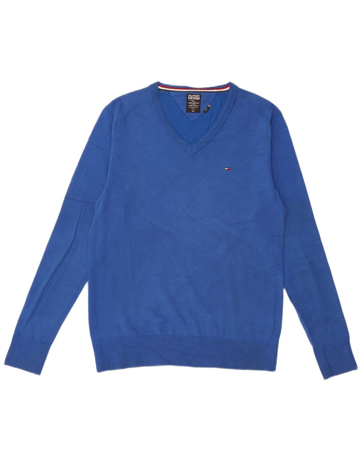 Tommy Hilfiger Mens V-Neck Jumper Sweater Medium Blue Cotton