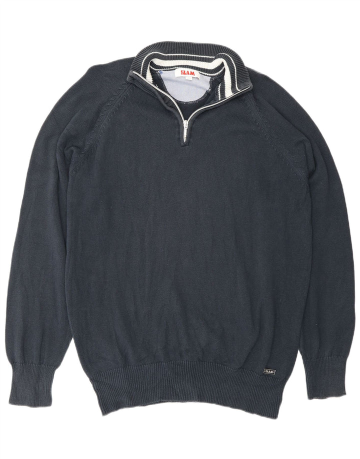 Slam Mens Zip Neck Jumper Sweater XL Navy Blue Cotton