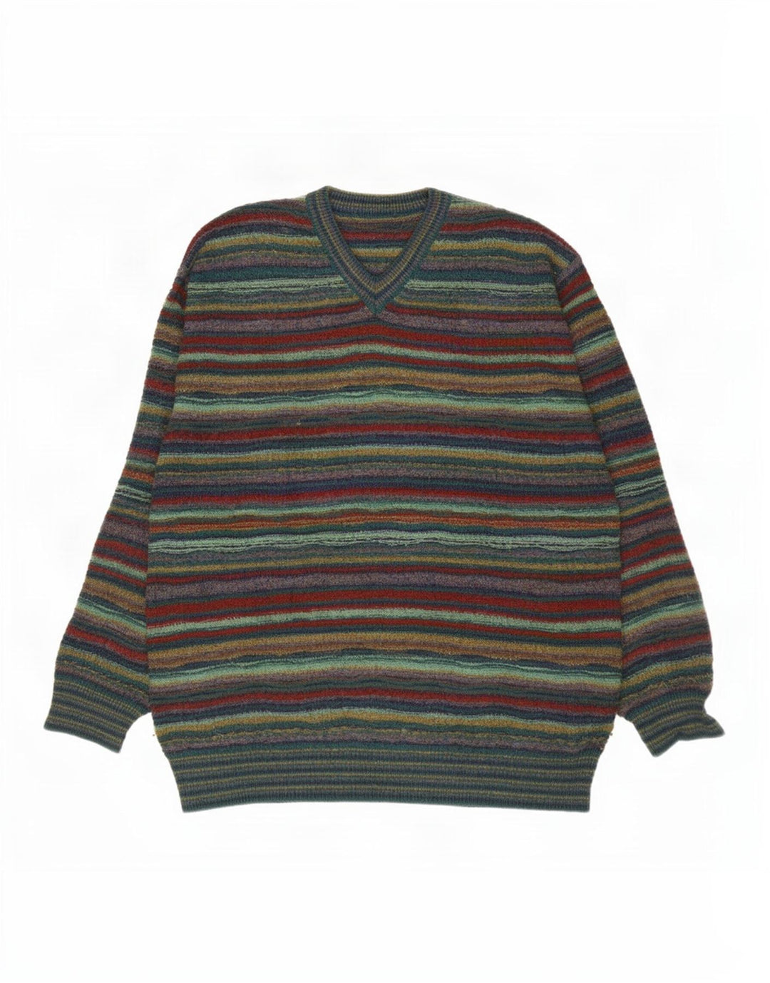 Vintage Mens V-Neck Jumper Sweater Large Green Striped Wool
