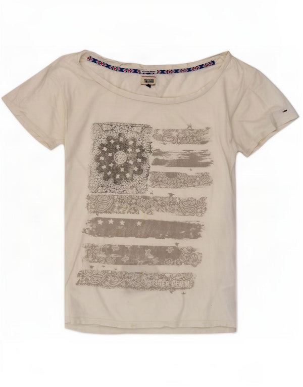 Tommy Hilfiger Damen-T-Shirt mit Grafik, UK 14, mittelweiße Baumwolle