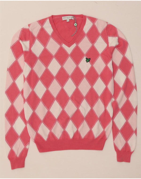 Sweter damski Lyle & Scott z dekoltem w kształcie litery V, UK 10, mały, różowy, argyle/diament