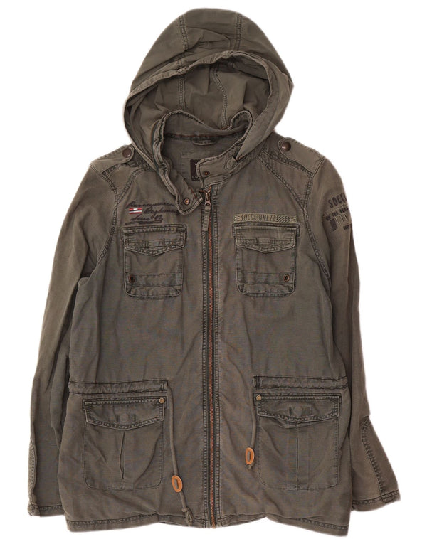 Giacca militare con cappuccio grafica da uomo Soccx UK 40 grande lino kaki