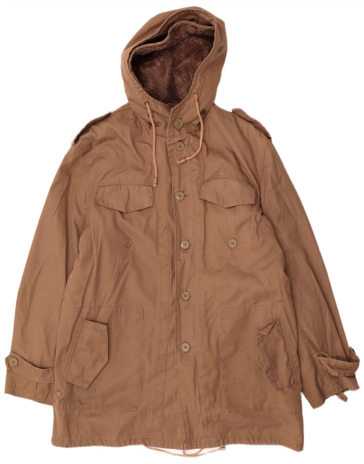 Vintage Mens Hooded Military Jacket IT 52 XL Beige Polyester